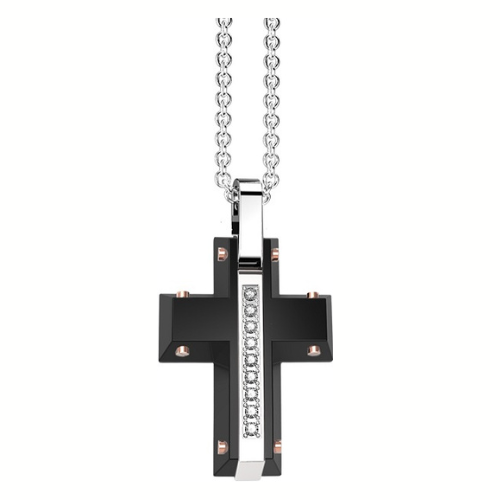 Collana Uomo Zancan Croce Acciaio Nero Zirconi Bianchi EHC191